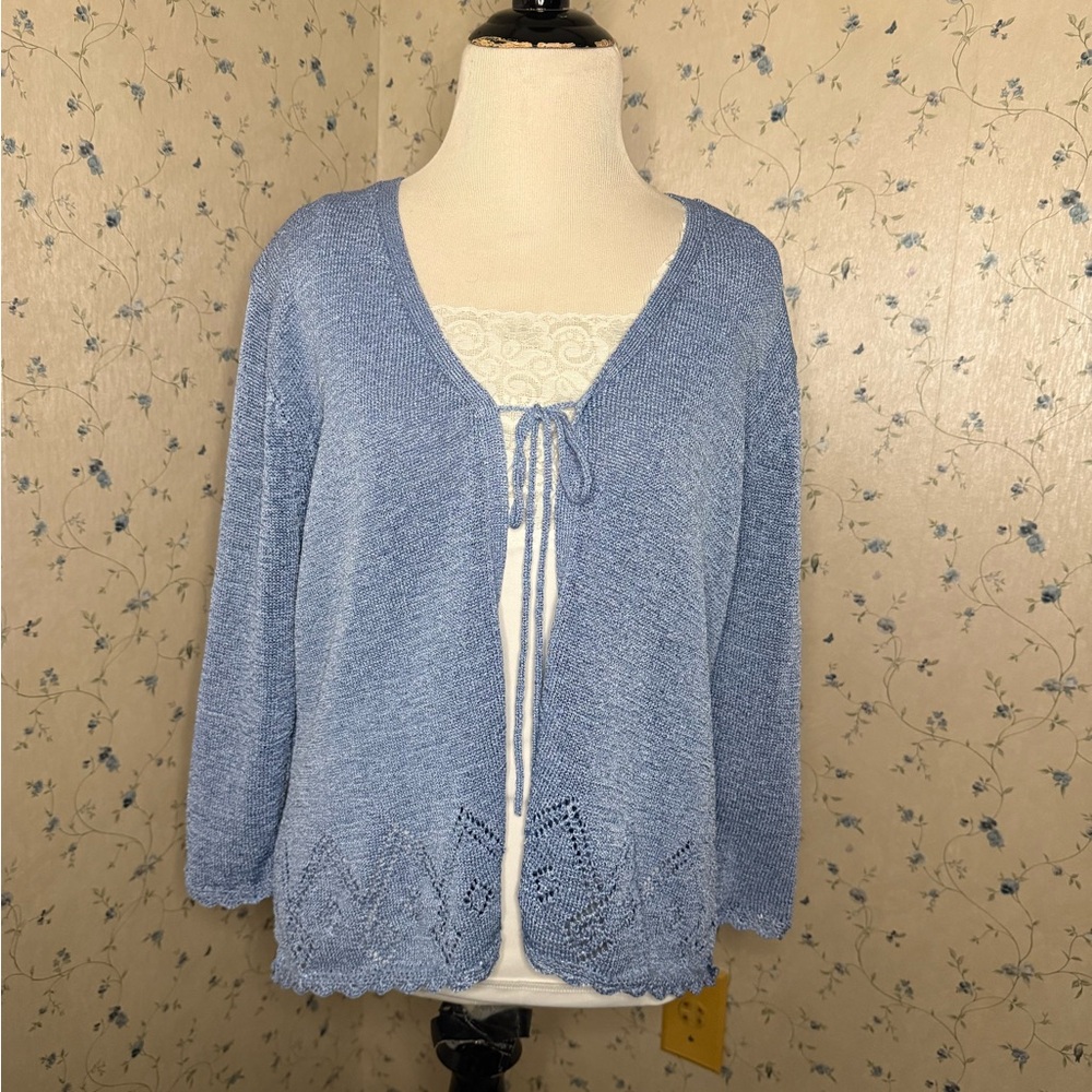 Y2K vintage knit lace detailing baby blue tie front cardigan sweater